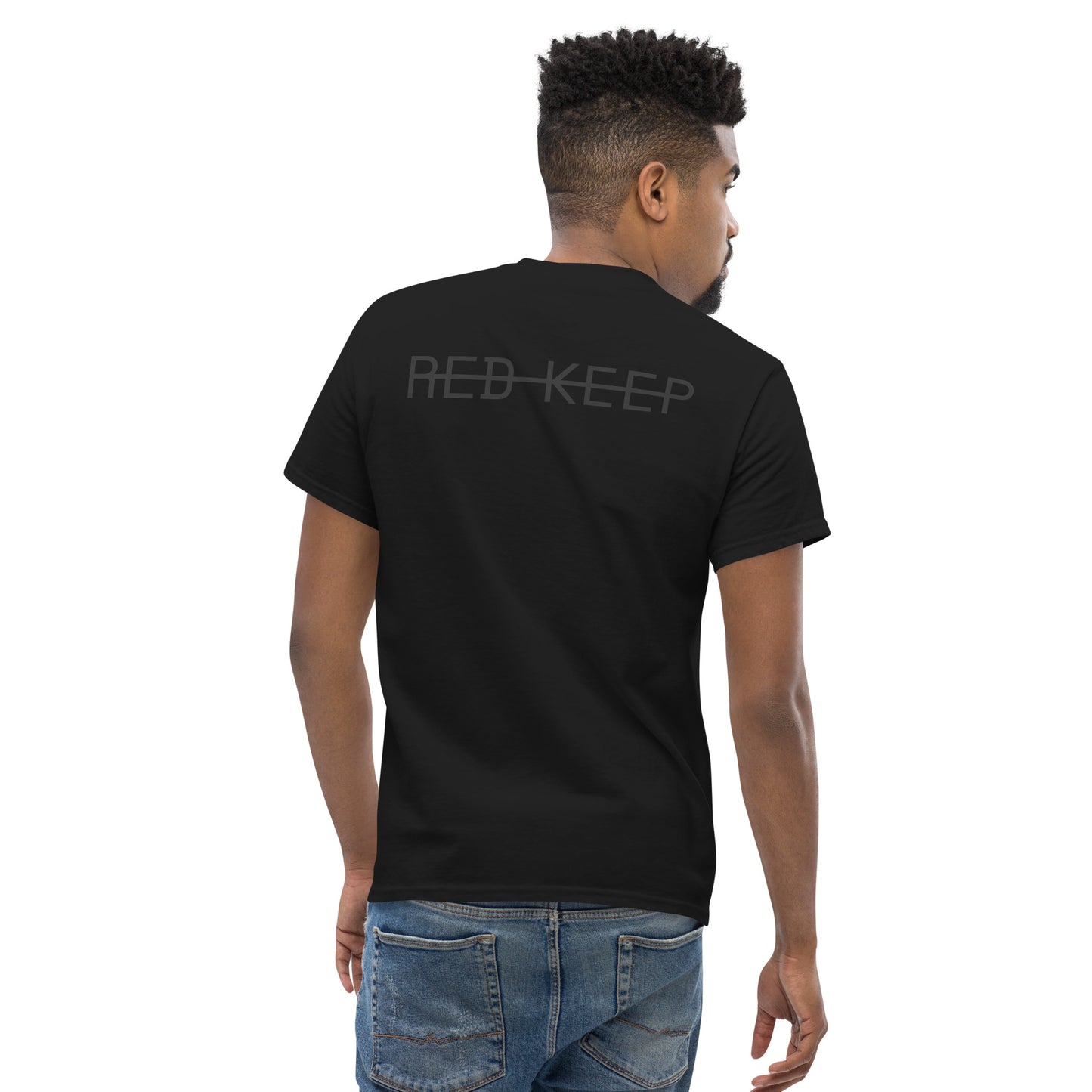 Red Keep black logo on black tee