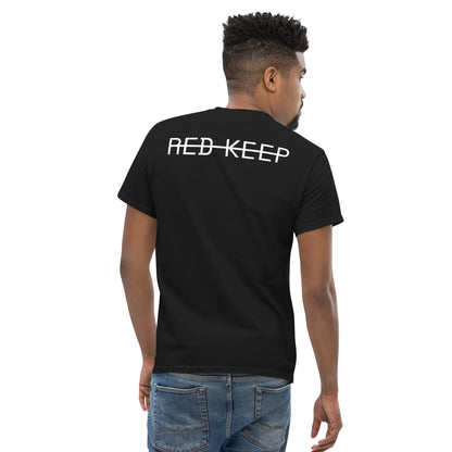 Red Keep white logo on black tee