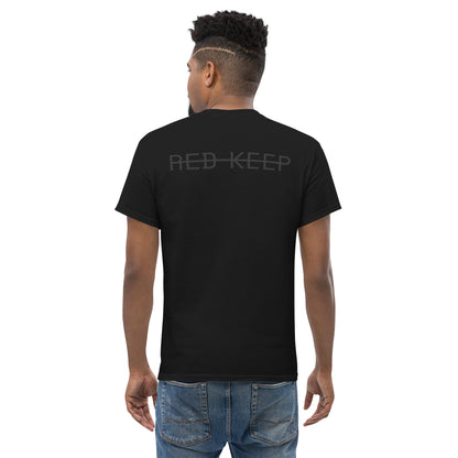 Red Keep black logo on black tee